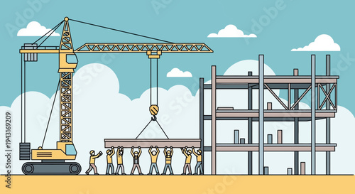 Construction Site with Crane and Workers.