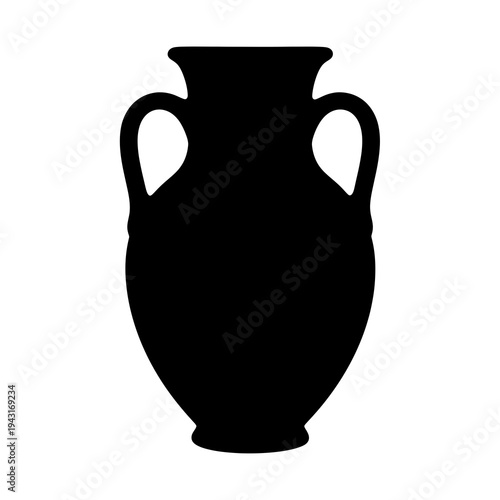 A detailed black silhouette of a classic ancient amphora vessel with two handles and wide body