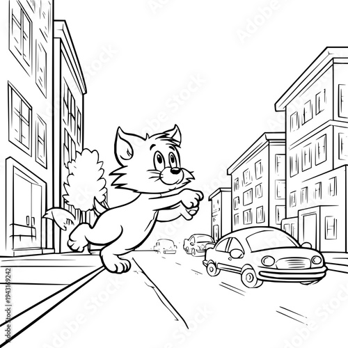 Cartoon Cat Running Down Urban City Street
