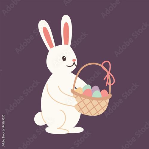 Easter bunny character vector flat cartoon style holiday illustration white rabbit with egg basket seasonal greeting card design