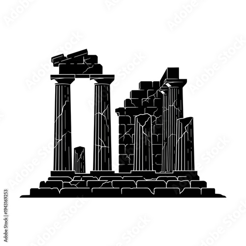 A detailed black silhouette of ancient greek temple ruins featuring weathered stone columns and base