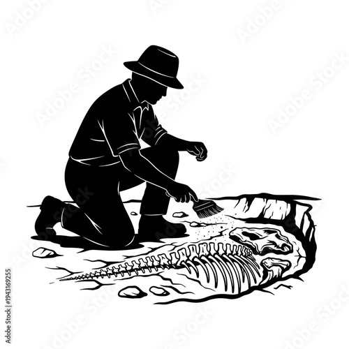 A male paleontologist carefully excavating a fossilized dinosaur skeleton from the rocky ground