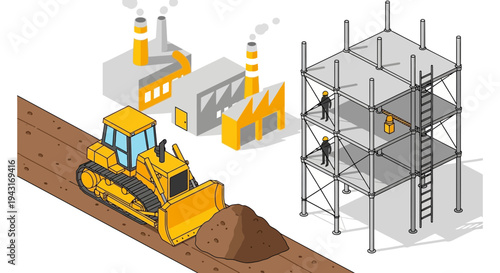 Construction Site with Heavy Machinery and Scaffolding.