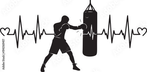 Silhouette of man boxing punching bag with heartbeat line and heart shape on transparent background fitness concept