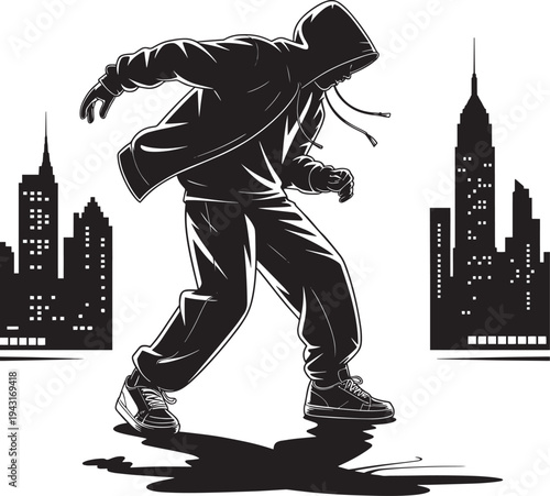 Urban hip hop breakdancer silhouette in hoodie performing on city background vector art