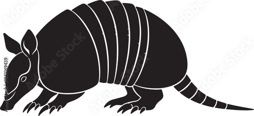 Black and white silhouette of an armadillo with segmented shell also transparent background animal