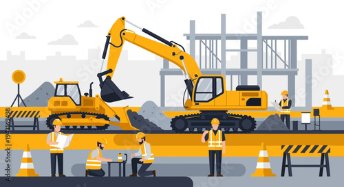 Construction Site with Workers and Heavy Machinery 1.