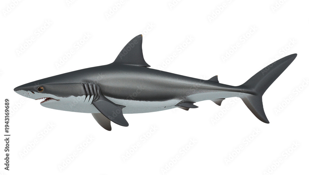 Fototapeta premium Realistic illustration of a predatory great white shark with sharp teeth and fins swimming in the ocean