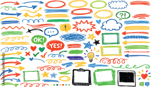 Hand Drawn Doodle Elements Arrows Speech Bubbles Frames and Stars for Design