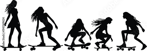 Black silhouettes of young women skateboarding in various dynamic poses and action shots, extreme sports girls on skateboards, isolated on white background.