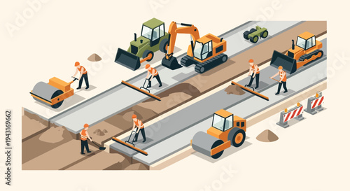 Construction Site with Workers and Machinery.