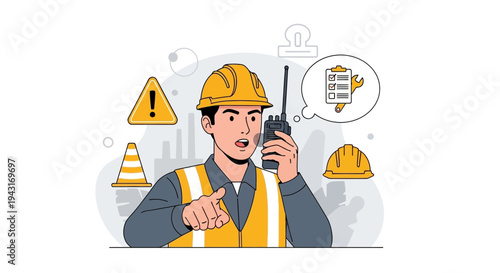 Construction Worker Communicating with Radio Device.