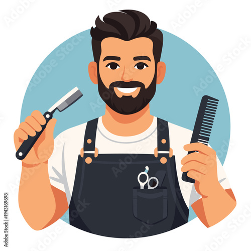 Male barber holding a razor and comb, smiling