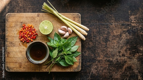 fresh thai ingredients on rustic wooden board for authentic asian cooking