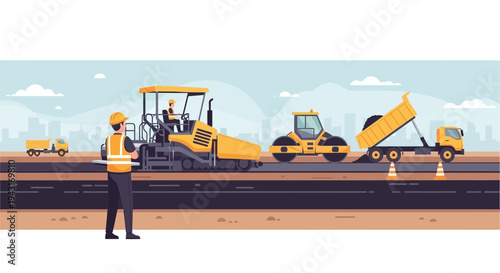 Construction Worker Inspecting Road Machinery.