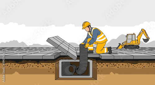 Construction Worker Inspecting Roof Tiles on Site.