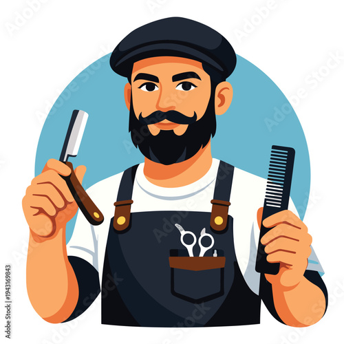 Bearded barber with razor and comb in his hands