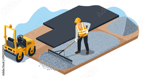Construction Worker Laying Asphalt Road Surface.