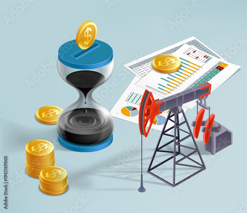 Isometric oil pumpjack station, hourglass with crude oil inside. Vector 3D illustration.