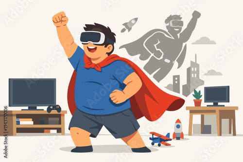 Overweight young man wearing VR headset and superhero cape, imagining himself as a powerful hero flying over a city, flat vector illustration of virtual reality gaming, dreams, and digital escapism.