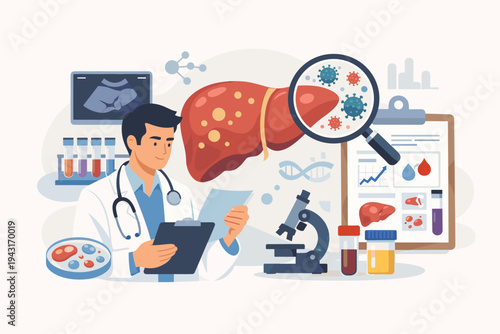 Liver Disease Diagnosis and Pathology Lab Exam Concept with Male Doctor Reviewing Medical Test Results, Hepatitis Virus Research, Cirrhosis Treatment, and Hepatology Healthcare Illustration.