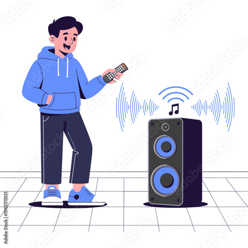 A young man controlling a large speaker with a remote control
