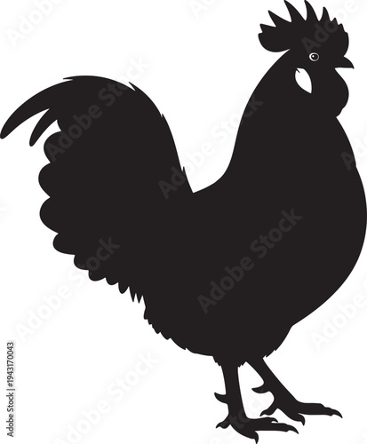 Black silhouette of a rooster in profile standing on one leg also transparent background chicken bird