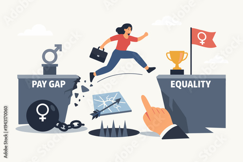 Brave woman jumping from pay gap to equality cliff, overcoming gender inequality obstacles like glass ceiling and ball and chain, career success and female empowerment vector illustration.