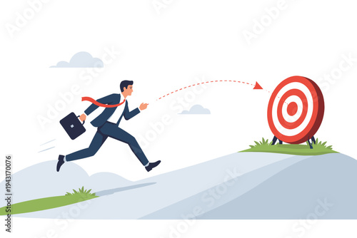 Businessman in a suit running towards a target on a hill, representing career goals, success, and ambition. Flat vector illustration of a professional reaching for achievement and growth.