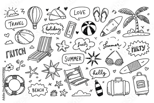 Doodle Collection of Summer Vacation Elements and Beach Party Icons