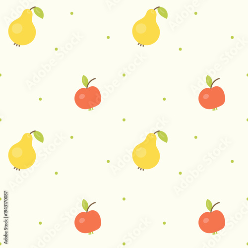 Hand-drawn yellow pears and red apples seamless pattern on a light background with green accents. Cute fruit vector illustration in simple doodle style. Perfect for packaging, textiles, wallpaper