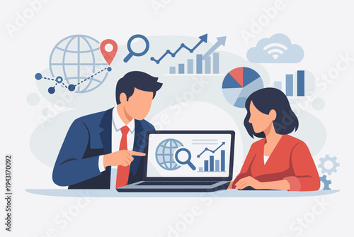 Vector illustration of businesspeople analyzing global internet data on a laptop. Professional man and woman conducting market research with charts, graphs, and digital marketing icons in flat style.