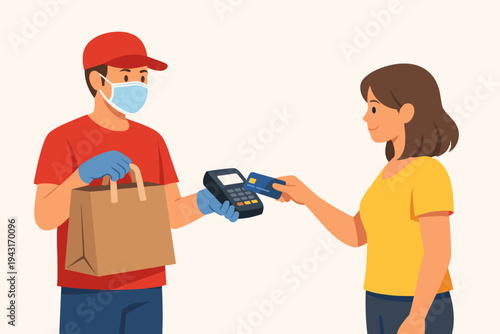 Vector illustration of a delivery man wearing a face mask and gloves holding a brown paper bag and a POS terminal while a female customer pays with a credit card for safe contactless delivery.
