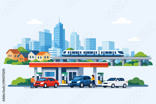Modern city landscape vector illustration with a gas station, cars refueling, people, a metro train on an elevated track, suburban houses, and a skyscraper skyline under a clear blue sky.
