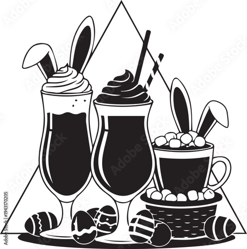 Easter themed chocolate milkshakes and coffee cups with bunny ears and candy eggs in basket silhouette on transparent background set