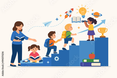 Flat Vector Illustration of a Teacher Guiding Students Up a Staircase of Knowledge, Representing Educational Growth, Success, and Learning with Icons of Science, Books, and Creative Ideas.