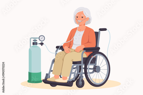 Elderly woman in a wheelchair using an oxygen tank and nasal cannula for respiratory support. Flat vector illustration of a senior patient receiving medical care for chronic breathing issues.