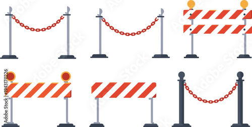 Traffic Barrier and Chain Fence Safety Construction Road Block Collection Vector Illustration Set Isolated on White