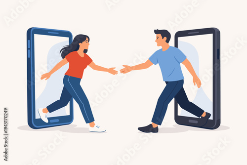 Man and Woman Stepping Out of Smartphone Screens to Meet in Real Life, Concept of Online Dating, Digital Connection Transitioning to Physical Interaction, Social Networking and Virtual Meeting