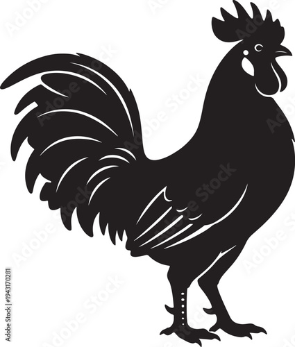 Black silhouette of a rooster with erect tail feathers and distinctive comb also transparent background