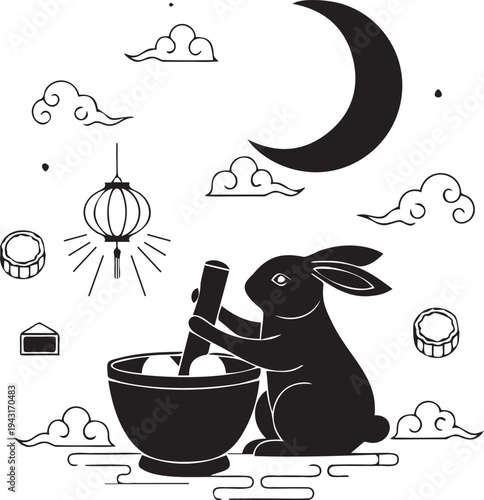 Chinese moon festival rabbit pounding mochi under crescent moon and lanterns traditional cultural celebration