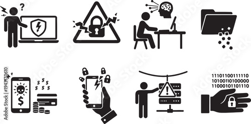 black and white illustrations of cybersecurity and hacking concepts