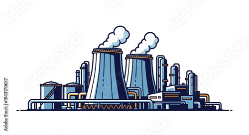 Nuclear Power Plant Illustration with Cooling Towers.