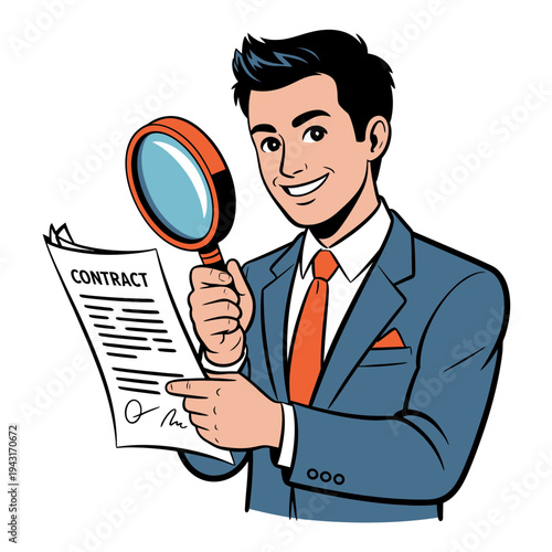 A businessman in a blue suit examining a contract with a magnifying glass