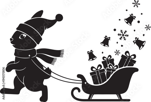Cute bunny pulling a sleigh filled with gifts, snowflakes, and bells for winter holiday seasons