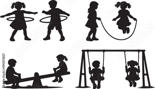 Children playground silhouette collection showing kids playing