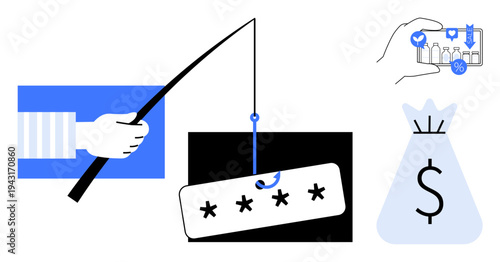 Hand holding fishing rod luring password, financial bag icon, and data analytics visuals. Ideal for cybersecurity, data protection, fraud prevention, online safety, financial security, phishing