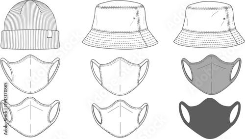 Various headwear and protective face coverings are displayed as line art templates for fashion design and technical specification drawings.