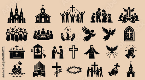 Collection of various Christian religion and faith based icons and symbols in black color on beige background