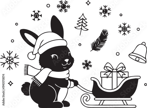 Cute cartoon bunny in christmas hat pulling sleigh with gift, winter snowflakes and decorations